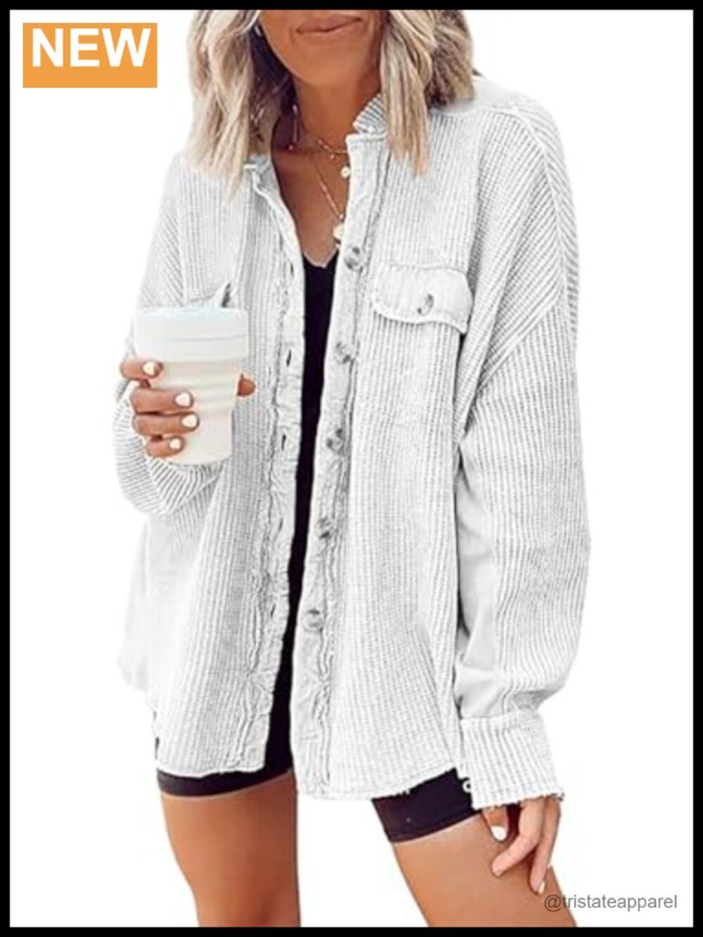 Waffle Knit Shacket Jacket Casual Loose Fit Button Down Long Sleeve